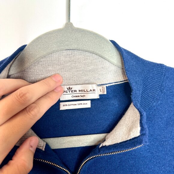 Peter Millar Crown Soft Navy Blue Quarter Zip Cotton Silk Sweater Men's Large - Picture 2 of 4